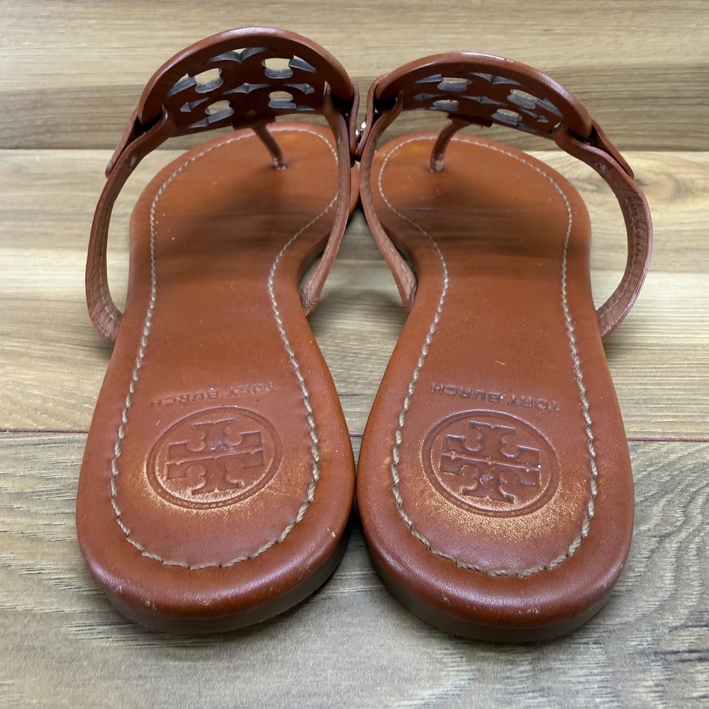 Tory Burch Miller Royal Tan Sandals 9 M Leather Flip Flops Vacation Resort - Picture 7 of 10